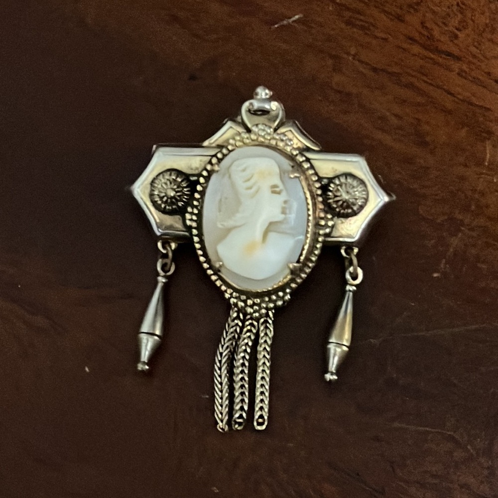 Vintage Shell Cameo Victorian Revival Brooch with Tassels